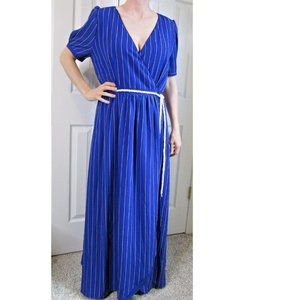 Long Blue Dress Stripes Button Wrap by One O Eight, British Elegant Easy Care M